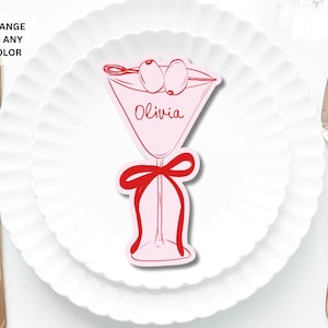 Pink Cocktail Place Cards Template, Whimsical Place Card, Martini glass Place Card Magarita Editable Cocktail Bridal shower place card bow