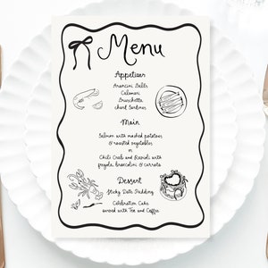 Whimsical Wedding Menu Template printable, Hand drawn line art illustrated wedding party food menu, Modern wedding menu scribble menu icons