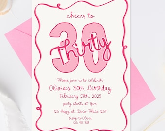 Pink 30th Birthday Invitation Template, Pink wave 30th birthday invite, Whimsical Pink Thirty Invite template, Scalloped 30th Party Invite