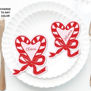 Christmas Candy Cane Pink Bow Place Cards Template, Whimsical PlaceCard, Candy Cane Fancy Friendmas placecard, Christmas Bow placecard