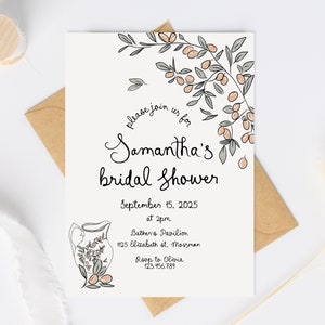 Olive Bridal Shower Invitation Template, Olive branch Santorini Greece-Themed Invite, Editable Printable Bridal Shower Card for Wedding