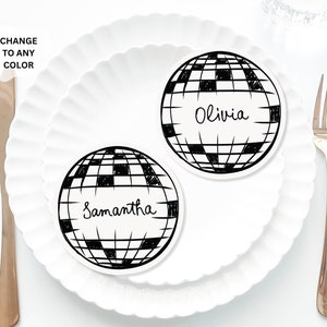 Disco Ball Place Cards Template, Whimsical PlaceCard, Beige Disco Place Card, New years Fancy Bridal shower placecard, disco Hens place card