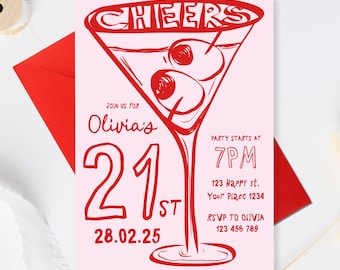 21st Birthday Invitation, Cheers Twenty One Birthday Invite, Martini 21st Adult Party Invitation Printable 21 Template, Martini 21st invite