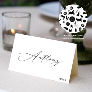 MINIMAL Wedding Place Cards Template, Editable Place Card, Black and White Wedding Place Card, Editable Wedding Table Name Card food icons