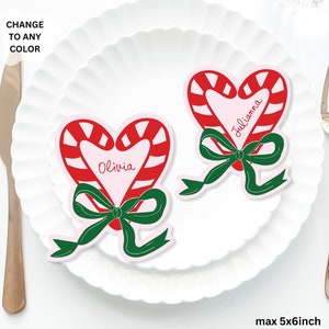Christmas Candy Cane Pink Bow Place Cards Template, Whimsical PlaceCard, Candy Cane Fancy Friendmas placecard, Christmas Bow placecard