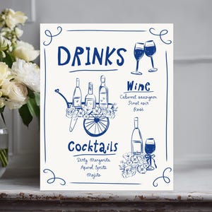 Fresh off the market Drinks Menu Template printable, Hand drawn flower market bridal Vino before vows menu She's fresh off the market drinks