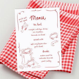 Whimsical Crawfish boil Menu Template printable, Hand drawn line art illustrated crawfish party food menu, seafood menu scribble menu icons