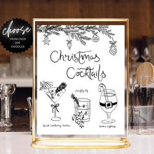 Christmas Drink Bar Menu Template printable, Handdrawn lineart illustrated bar menu, Wedding menu Editable scribble menu Christmas cocktails