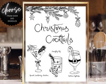 Christmas Drink Bar Menu Template printable, Handdrawn lineart illustrated bar menu, Wedding menu Editable scribble menu Christmas cocktails