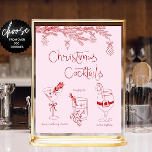 Christmas Drink Bar Menu Template printable, Hand drawn art illustrated bar menu Xmas Pink menu Editable scribble menu Christmas cocktails