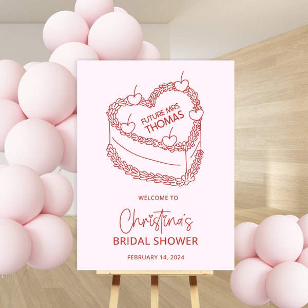 Bridal Shower Welcome Sign Pink, Red and Pink bridal shower sign, Hand drawn Heart Cake Welcome sign, Modern Bridal Shower Decor Bridal Sign