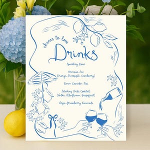 Lemon bridal shower Menu Template printable, Hand drawn bridal shower drinks menu lemon Spritz, Amalfi coast drinks menu bridal shower