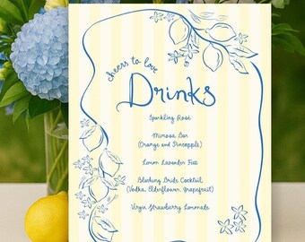 Lemon bridal shower Menu Template printable, Hand drawn bridal shower drinks menu lemon Spritz, Amalfi coast drinks menu bridal shower