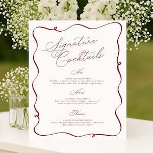 Burgandy Signature cocktails Drinks Menu Template printable, Wedding bridal Bar Menu, Drinks wedding menu, elegant wedding menu The Bar menu