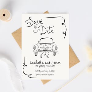 Save the Date invitation whimsical handdrawn, Modern Save the Date, Editable Wedding Save The Date Template, Save the date drawn wedding car