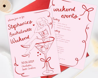 Bachelorette Invitation and Itinerary Template, Hand-Drawn Martini Cocktail Bachelorette Weekend Invite Red and Pink Bachelorette Invitation