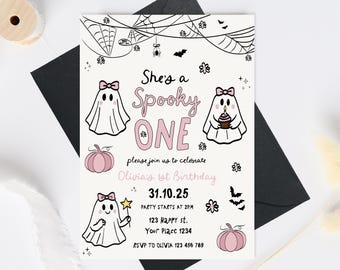 Halloween 1st Birthday Invitation Editable, She is a Spooky One Invite, Pink Ghost 1st Birthday Girl, whimsical cute Pink Ghost 1st Birthday