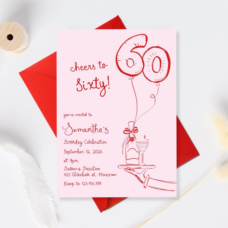 60th Birthday Invitation Template, 60th birthday invite, Hand Drawn Illustration 60th birthday Invites, Whimsical Sixty Invite template image 1