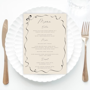 Whimsical Wedding Menu Template printable, Beige menu Handwritten wedding party food menu, Hand drawn wedding menu blue wedding decor