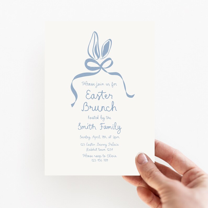 May include: A light blue invitation card with a bunny rabbit illustration and the text "Please join us for Easter Brunch hosted by the Smith Family Sunday, April 7th, at 2pm. 123 Easter Bunny Palace Rabbit town 1234 Please roop to Olivia 123 156 789"