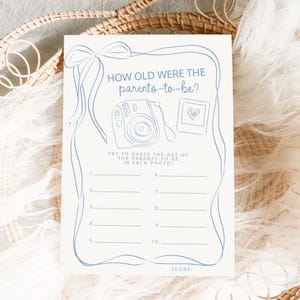 Baby Shower Game How Old Were The Parents-To-Be, Whimsical Blue bow game Template Editable Baby Shower, Guess Their Age, How Old Were They