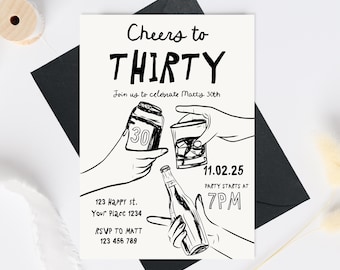 30th Birthday Invitation Template, Male 30th birthday invite, Cheers to 30 Years Invitation, Beer Thirty Invite template, spirits 30th