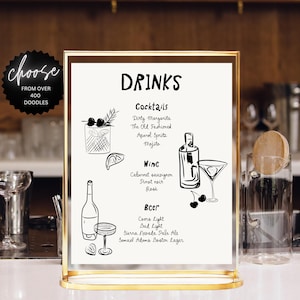 Beige Drink Bar Menu Template printable, Hand drawn line art illustrated bar menu, Wedding menu Editable scribble menu French style