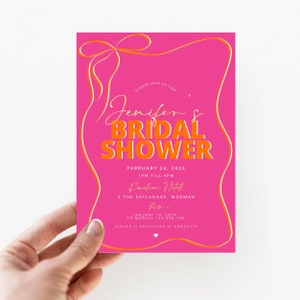 Bridal shower invitation Orange Pink wave invitation, Bridal shower invitation template, Pretty Bow Pink and Orange Bridal Shower invite Hen image 2