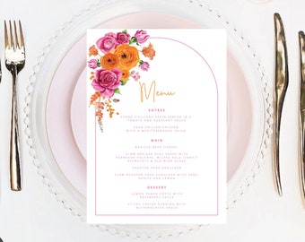 May include: A white menu card with a pink border and a floral design in the top left corner. The menu features a selection of entrees, main courses, and desserts. The text on the menu includes: "Menu", "Entree", "Penne Siciliana Pasta", "Char Grilled Chicken", "Main", "Braised Beef Cheeks", "Roasted Pork Shoulder", "Dessert", "Lemon Panna Cotta", "Sticky Toffee Pudding".