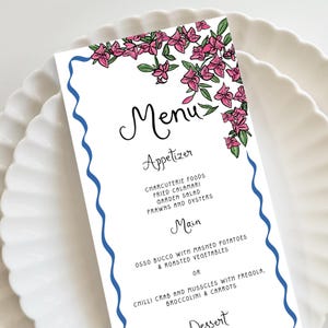 Bougainvillea bridal shower Menu Template printable, Hand drawn line art illustrated wedding menu lemon Spritz, Greece floral wedding menu