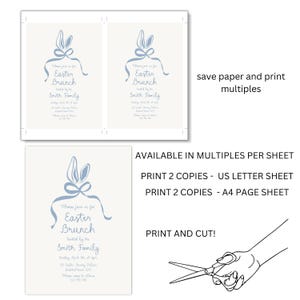 May include: Printable invitation for an Easter brunch. The invitation features a blue bunny with a bow and the text "Please join us for Easter Brunch hosted by the Smith Family".