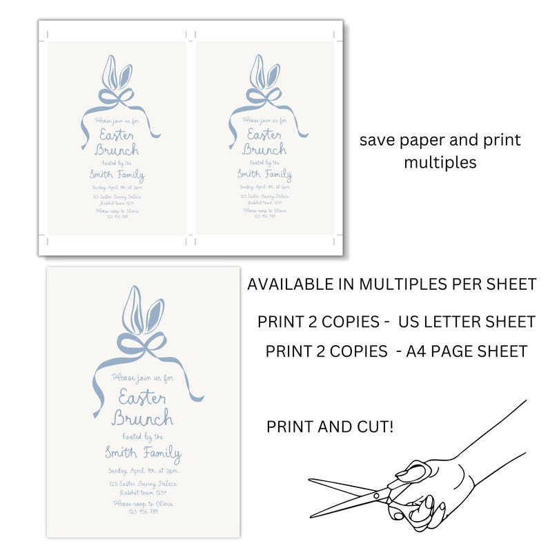 May include: Printable invitation for an Easter brunch. The invitation features a blue bunny with a bow and the text "Please join us for Easter Brunch hosted by the Smith Family".