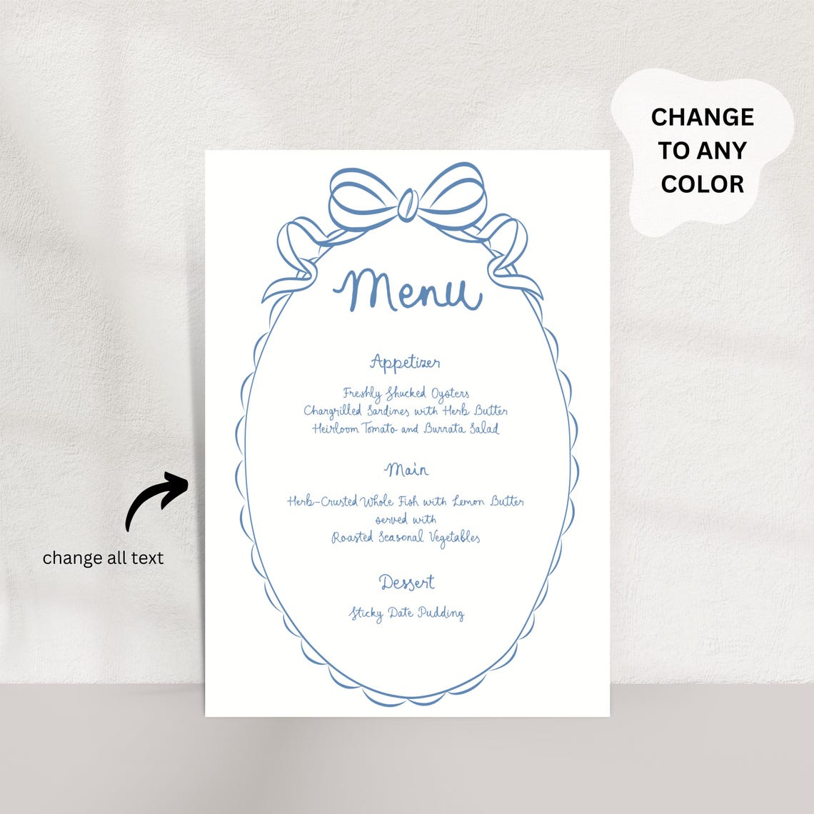 Blue Bow Menu Template • Elegant Wedding Menu Printable • Editable Bow ...