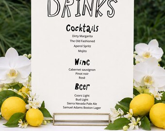 Drinks Menu Template printable, the bar Menu, Drinks simple menu bar sign, whimsical bar menu bridal sign drinks menu