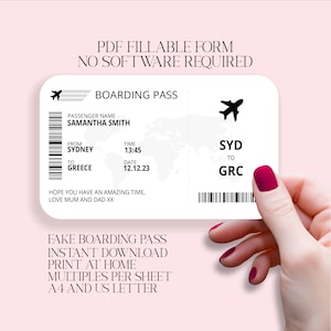 Tarjeta de embarque para imprimir en casa, viaje sorpresa, billete de avión, bono regalo de vuelo, billete falso, cupón regalo, descarga instantánea, PDF editable
