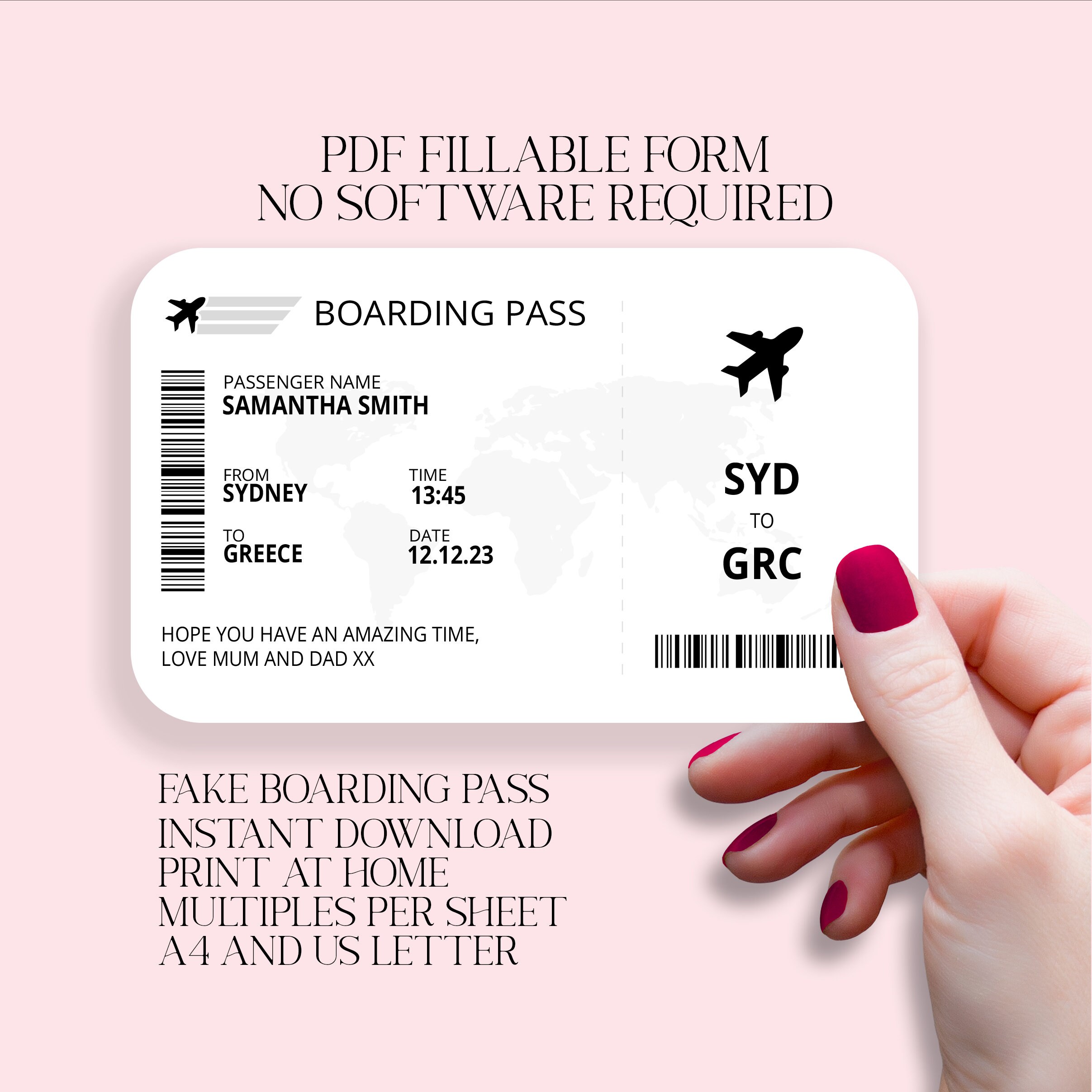 Boarding Pass Ticket EDITABLE Printable Personalized Plane Ticket 