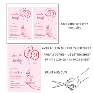 May include: Printable 60th birthday party invitation with a pink background and red balloons. The invitation says "Cheers to Sixty!" and includes the text "You're invited to Samantha's Birthday Celebration September 12, 2026 at 7pm Bathers Pavilion 1125 Elizabeth St. Mossman. RSVP to 123.456.781".