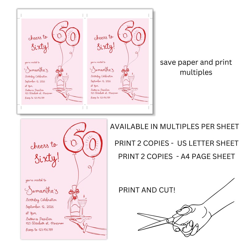 May include: Printable 60th birthday party invitation with a pink background and red balloons. The invitation says "Cheers to Sixty!" and includes the text "You're invited to Samantha's Birthday Celebration September 12, 2026 at 7pm Bathers Pavilion 1125 Elizabeth St. Mossman. RSVP to 123.456.781".