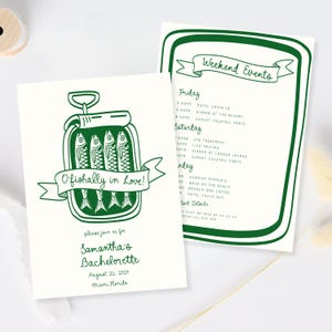 Puede incluir: Una invitación ilustrada verde y blanca para una despedida de soltera con el texto "Ofishally in Love!" y "Samantha's Bachelorette" con una fecha y ubicación. La invitación incluye una lista de eventos de fin de semana.
