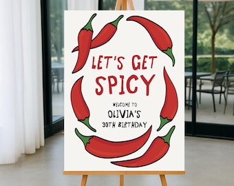 Let’s Get Spicy Welcome Sign, 30th Birthday Party sign, Chili Themed Sign, Chili Birthday Decoration cheers to thirty, Mexican fiesta sign