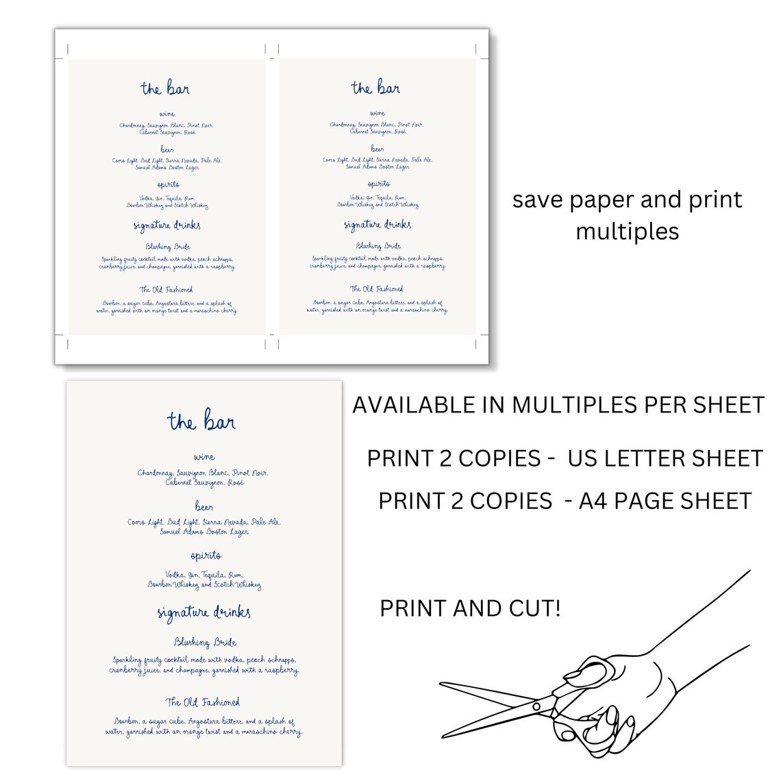Drinks Menu Template Printable, Handwritten Wedding Bar Menu, Signature ...
