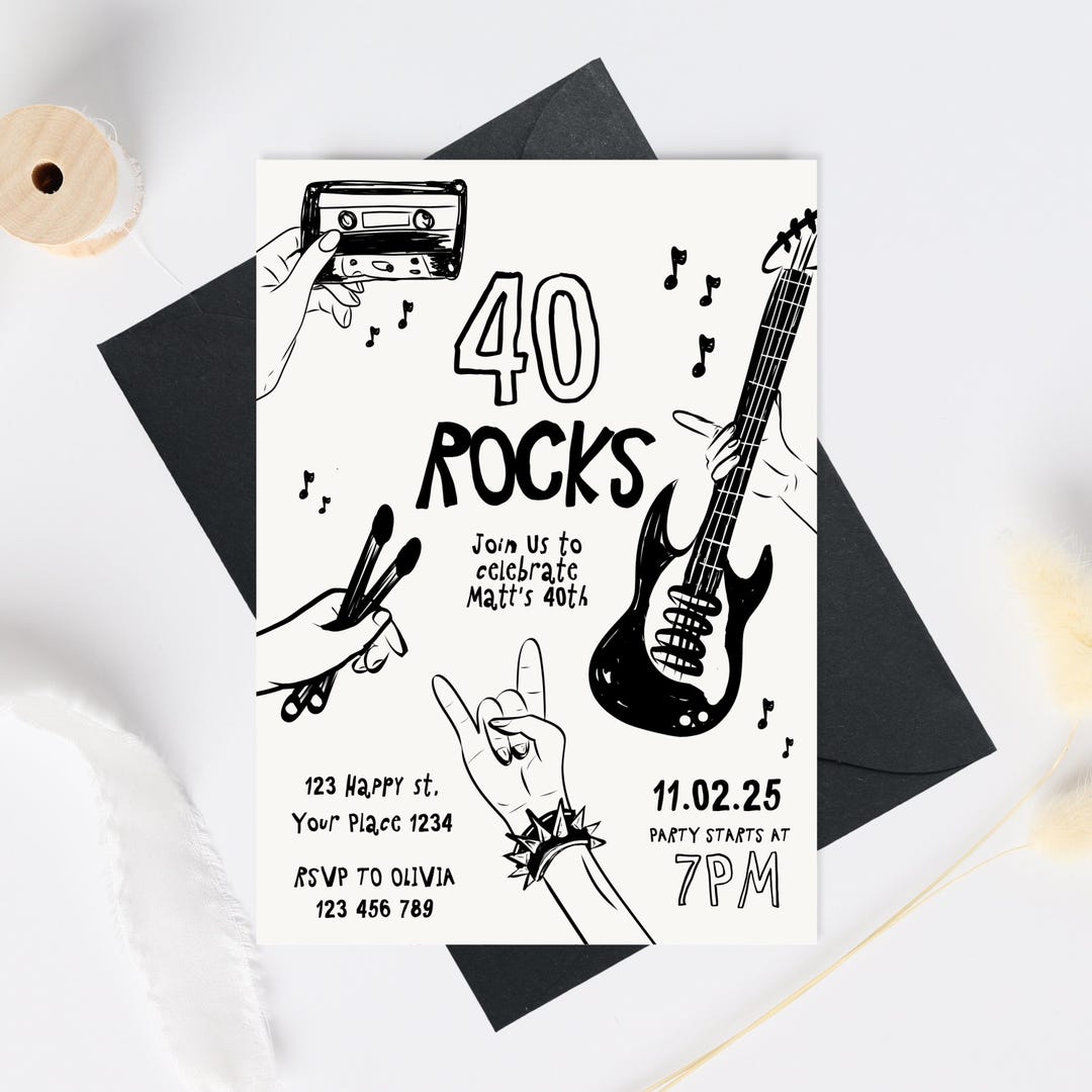 Forty Rocks 40th Birthday Invitation Template, 80s Birthday Party ...