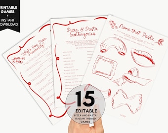 May include: A set of 15 printable Italian-themed party games. The games include "What's Your Pizza Personality?", "Pizza & Pasta Scattergories", and "Name That Pasta".