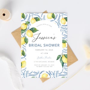 Lemon Bridal Shower Invitation Template, Italian Blue Tiles Bridal Shower Arched Invite, Main Squeeze, Kitchen Tea Instant Download et152