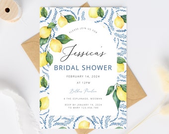 Lemon Bridal Shower Invitation Template, Italian Blue Tiles Bridal Shower Arched Invite, Main Squeeze, Kitchen Tea Instant Download et152