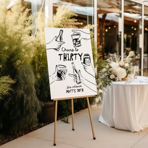 May include: White sign with black hand-drawn illustrations of people raising glasses and bottles, with the text "Cheers to Thirty" and "Let's celebrate Matt's 30th".