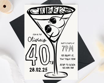 40th Birthday Invitation Template, 40th birthday invite, Cheers to forty Martini 40th birthday Invites, Whimsical Forty Invite template