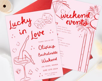 Lucky in love Bachelorette invitation and Itinerary, Bachelorette Party Weekend, Vegas Bachelorette Invite and Itinerary Template, in love