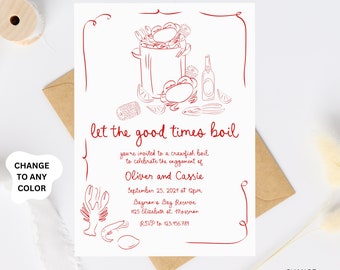 Könnte beinhalten: Eine rote und weiße Einladungskarte mit einer handgezeichneten Illustration eines Topfes mit Krebsen, Maiskolben, Zitronen und einer Flasche Bier. Der Text lautet "Let the good times boil" und enthält Details für ein Krebsessen zur Feier der Verlobung von Oliver und Cassie.