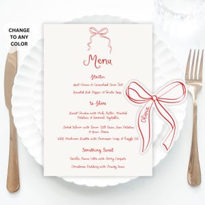 Red Bow Place Cards and menu Template, Whimsical PlaceCard red Place Card with menu, Christmas Table menu, Fancy Bridal shower placecard